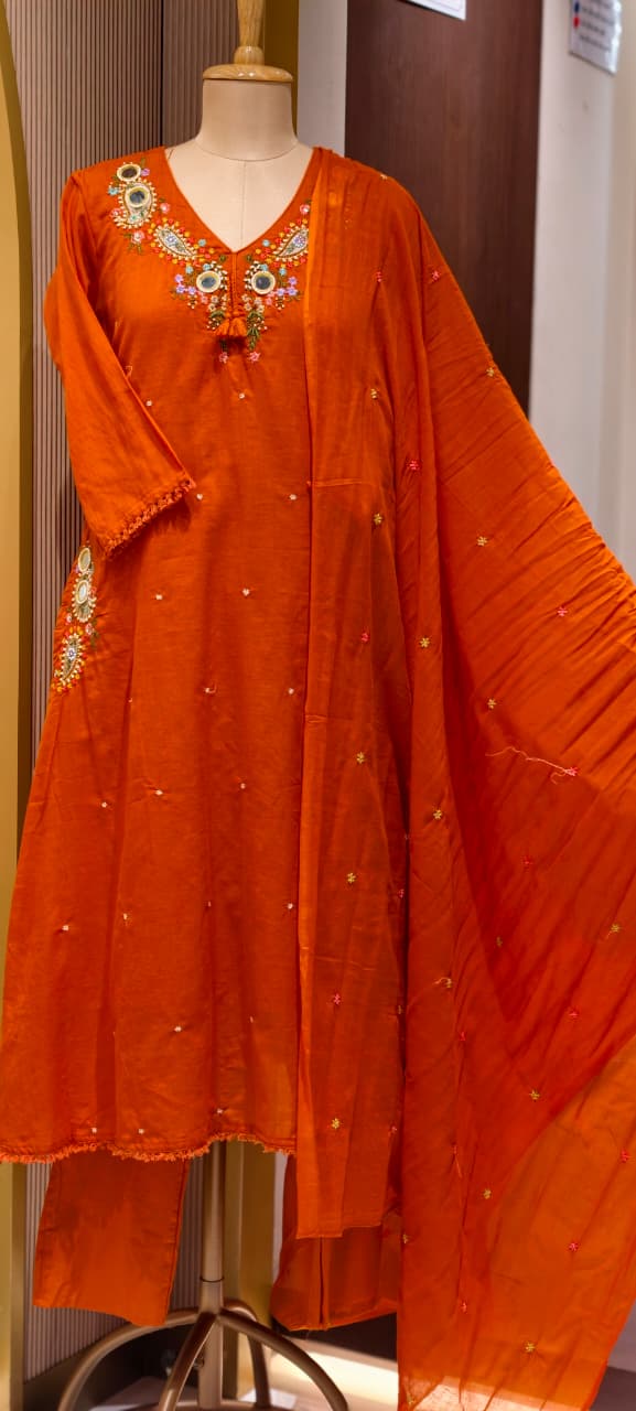 Stylish Mul Cotton A-Line Full Suit Set with Beautiful Mirror Embroidery and Both Side Pockets- 15167