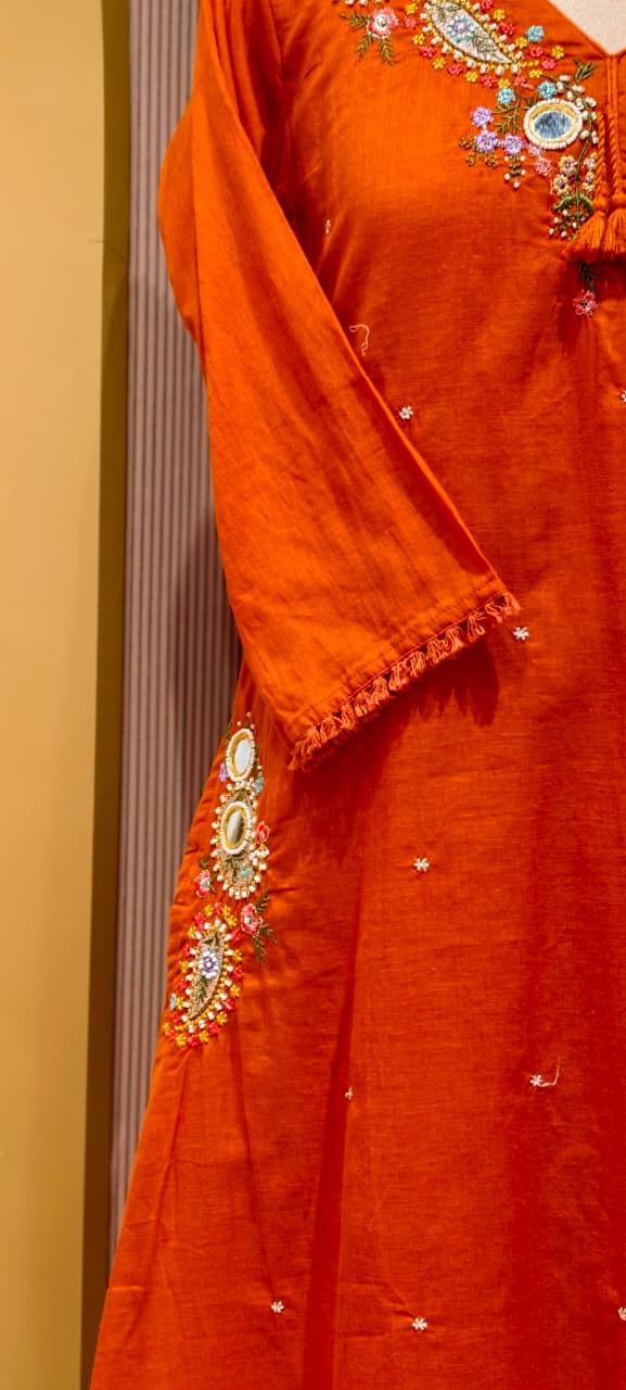 Stylish Mul Cotton A-Line Full Suit Set with Beautiful Mirror Embroidery and Both Side Pockets- 15167