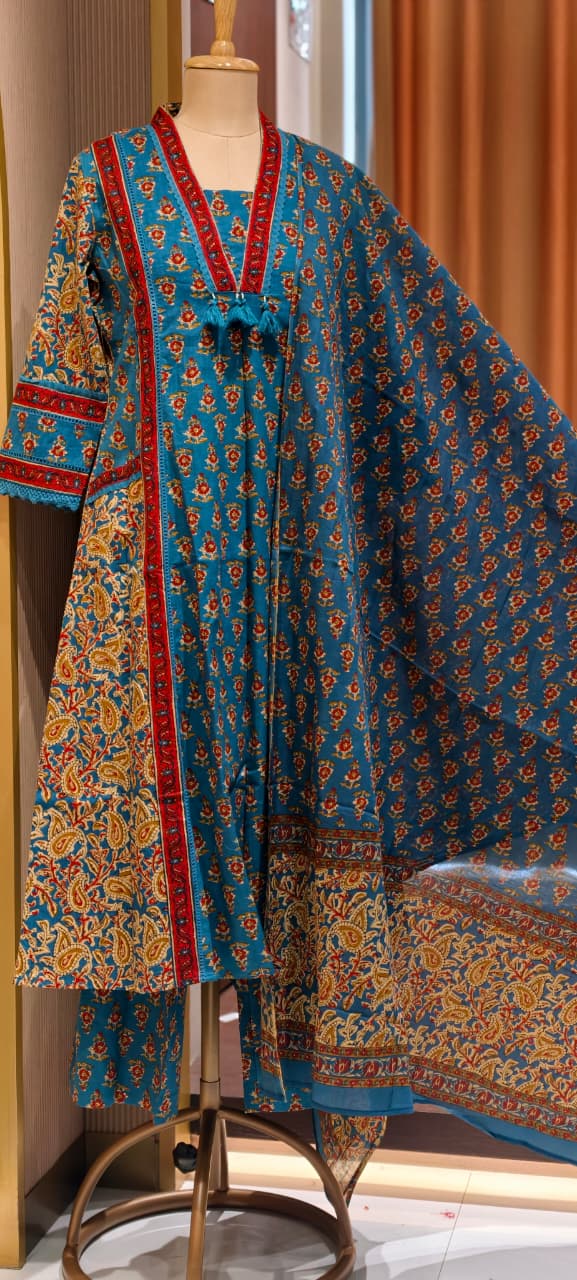 Royal Classic Mughal Floral Block Printed A-Line Cotton Full Suit Set With Dupatta