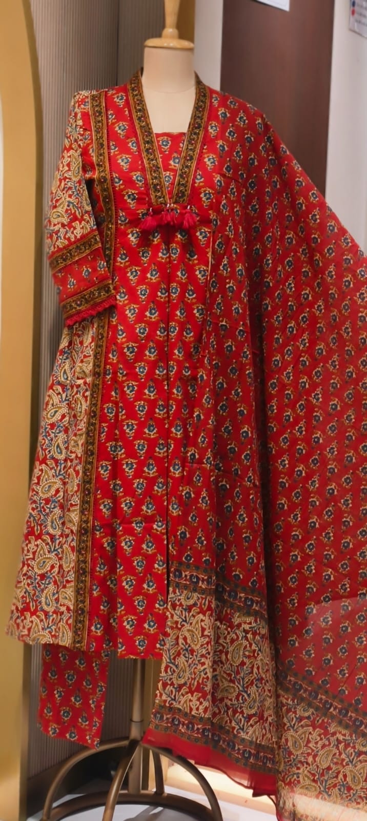 Royal Classic Mughal Floral Block Printed A-Line Cotton Full Suit Set With Dupatta