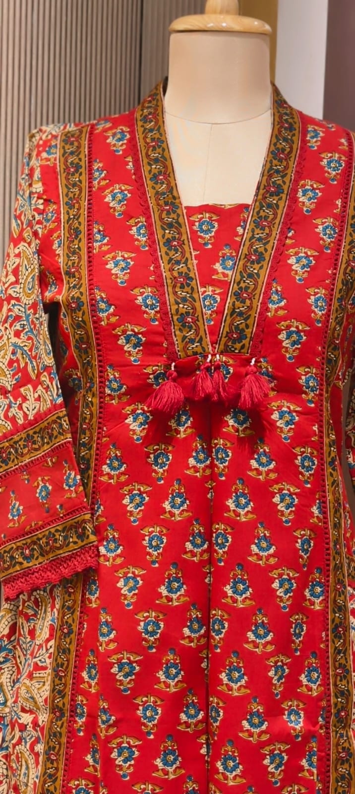 Royal Classic Mughal Floral Block Printed A-Line Cotton Full Suit Set With Dupatta