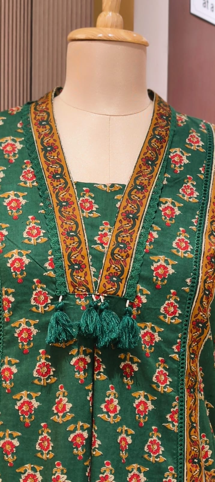 Royal Classic Mughal Floral Block Printed A-Line Cotton Full Suit Set With Dupatta