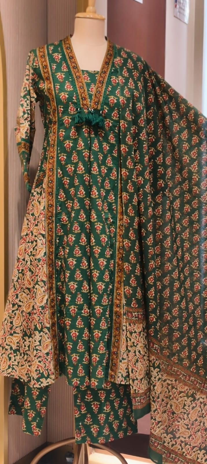 Royal Classic Mughal Floral Block Printed A-Line Cotton Full Suit Set With Dupatta