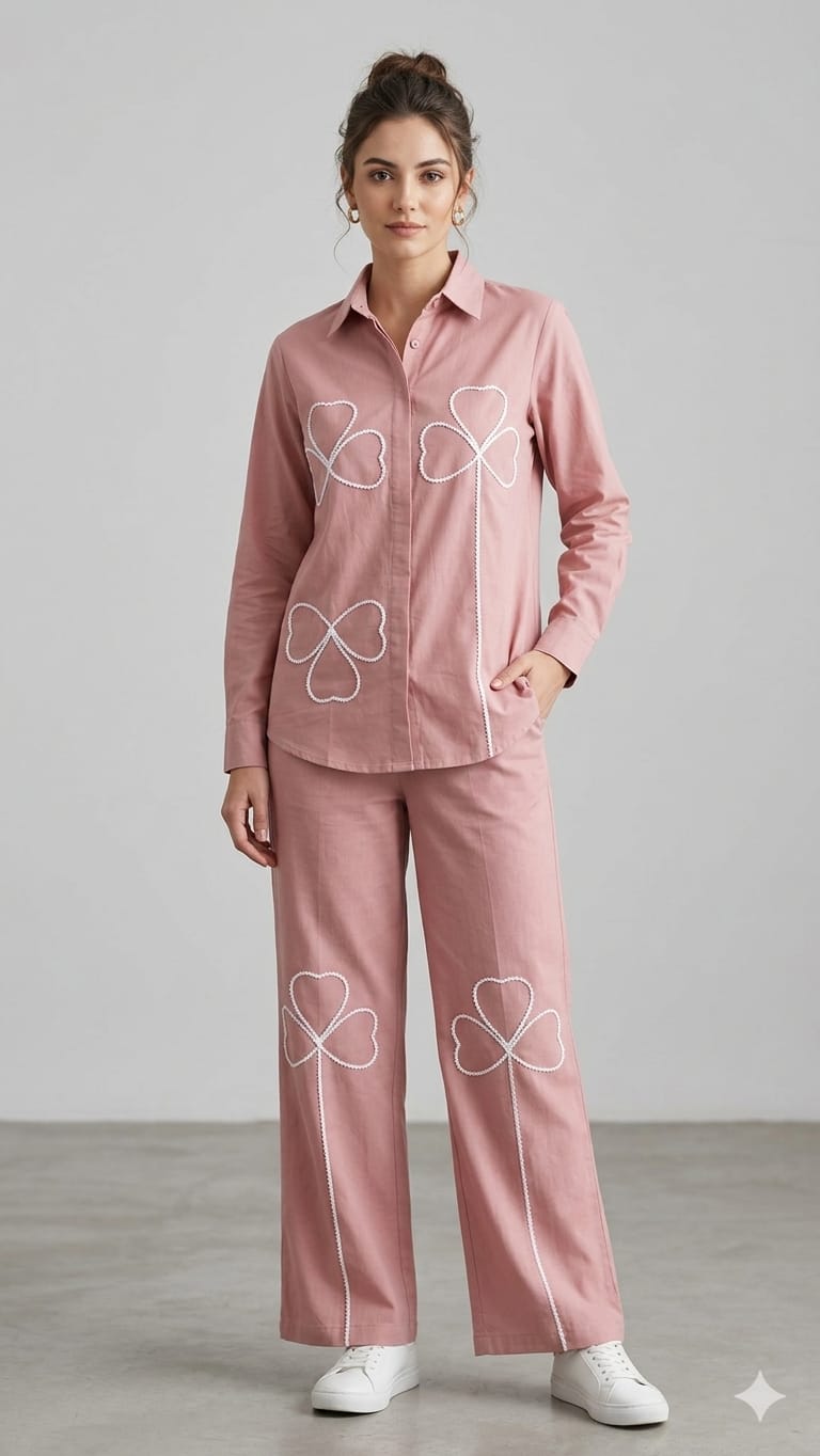 Casual Cotton Co-Ord Set with White Rope Floral Embroidery-15177