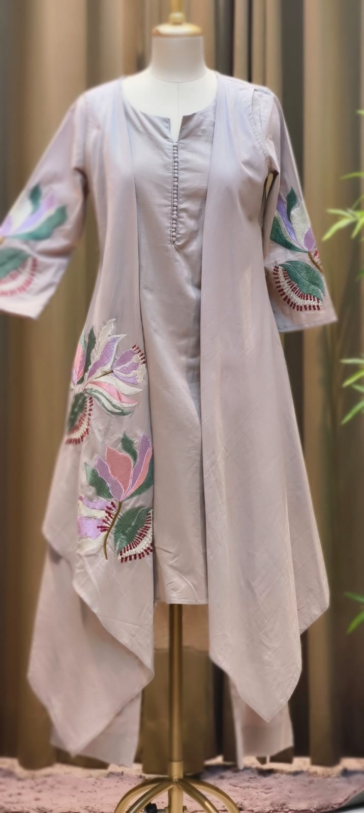 Fine Floral Embroidered High Low Jacket Style Kurta With Matching Bottom In Cotton Fabric- 15183