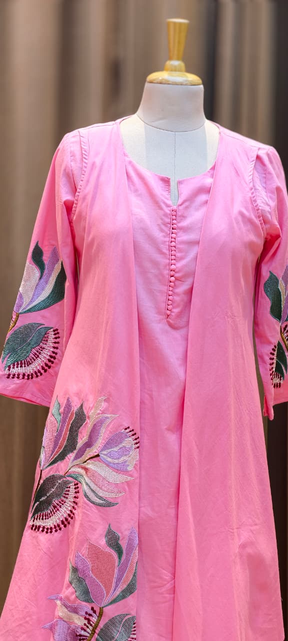 Fine Floral Embroidered High Low Jacket Style Kurta With Matching Bottom In Cotton Fabric- 15183