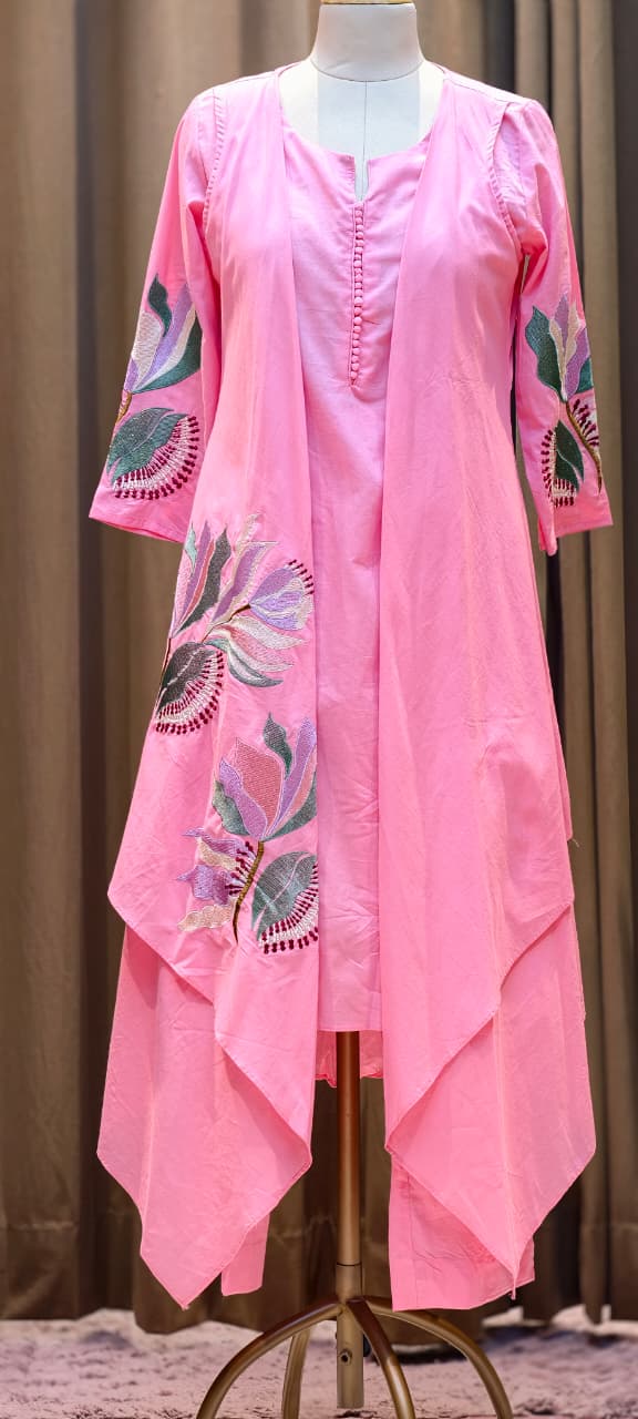 Fine Floral Embroidered High Low Jacket Style Kurta With Matching Bottom In Cotton Fabric- 15183