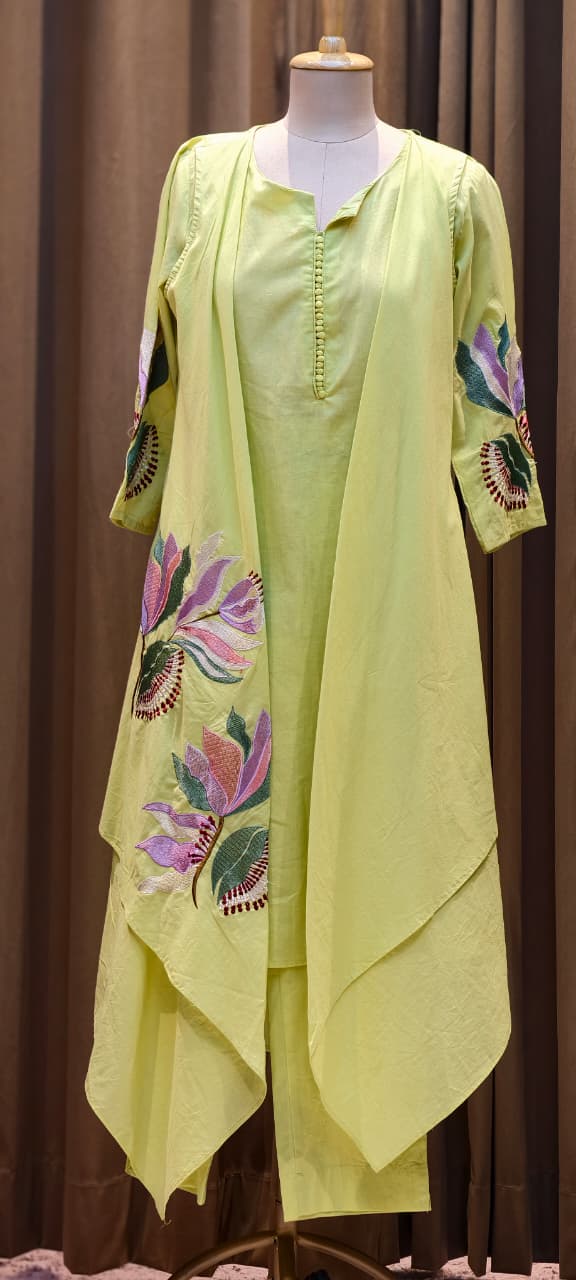 Fine Floral Embroidered High Low Jacket Style Kurta With Matching Bottom In Cotton Fabric- 15183