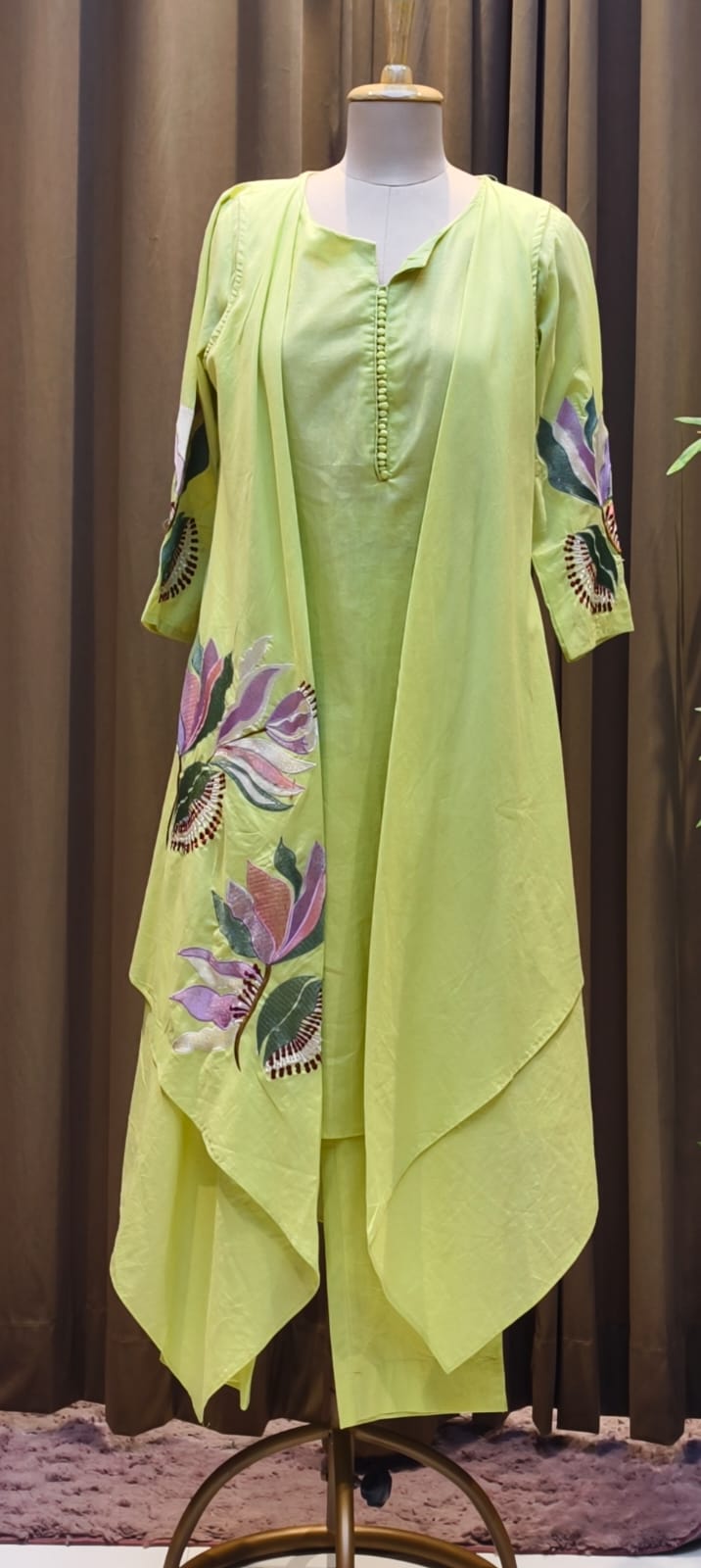 Fine Floral Embroidered High Low Jacket Style Kurta With Matching Bottom In Cotton Fabric- 15183