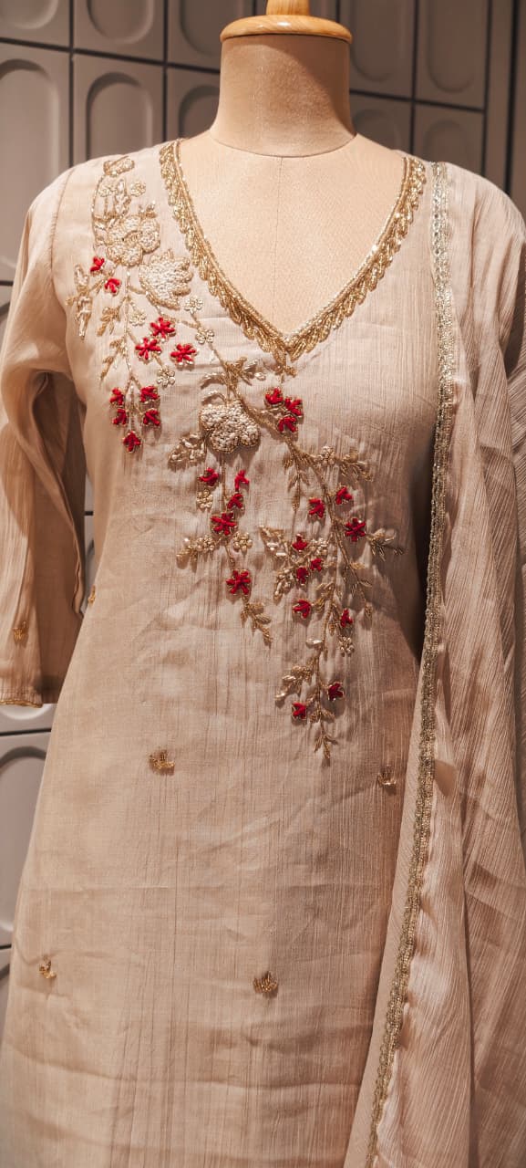 Elegant Zardosi Cut-Dana Embroidery Work A-Line Surat Mul-Chanderi Full Suit Set With Dupatta- 15297