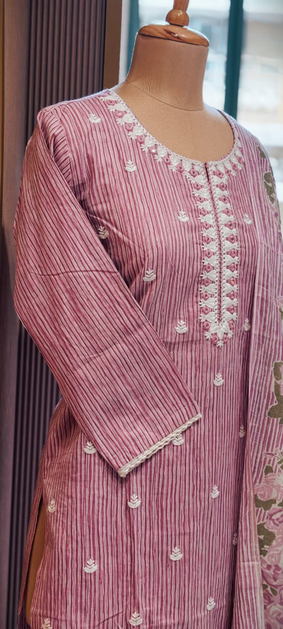 Timeless Striped Cotton Full Suit with Matching Plain Bottom and Floral Dupatta Set- 15170