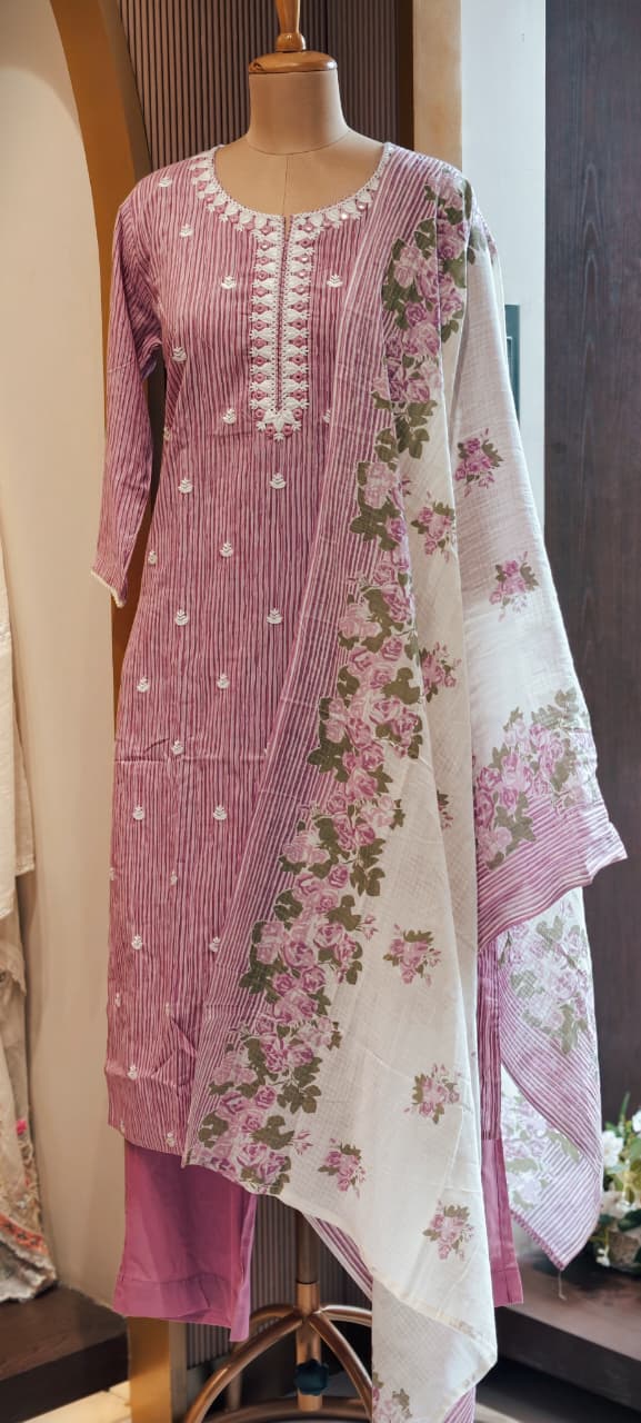 Timeless Striped Cotton Full Suit with Matching Plain Bottom and Floral Dupatta Set- 15170