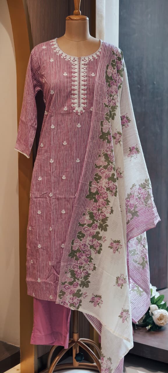 Timeless Striped Cotton Full Suit with Matching Plain Bottom and Floral Dupatta Set- 15170