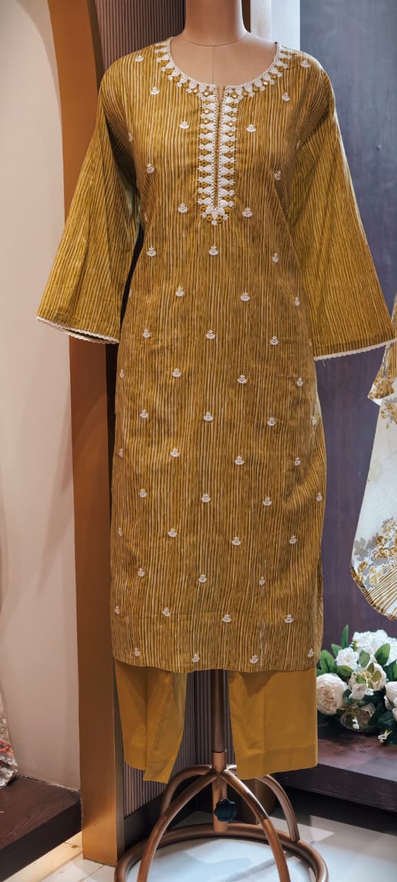 Timeless Striped Cotton Full Suit with Matching Plain Bottom and Floral Dupatta Set- 15170
