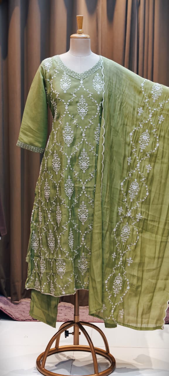 Patterned Thread Embroidery Foil Touch Neckline Surat Mul Chanderi Straight Full Suit Set With Dupatta- 15296