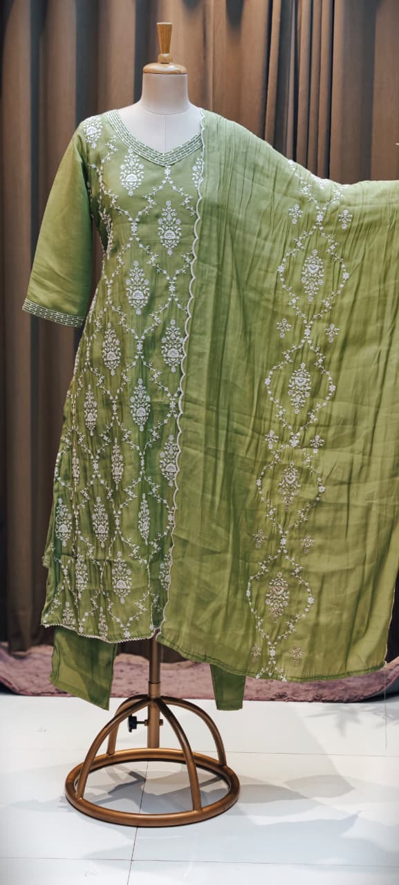 Patterned Thread Embroidery Foil Touch Neckline Surat Mul Chanderi Straight Full Suit Set With Dupatta- 15296