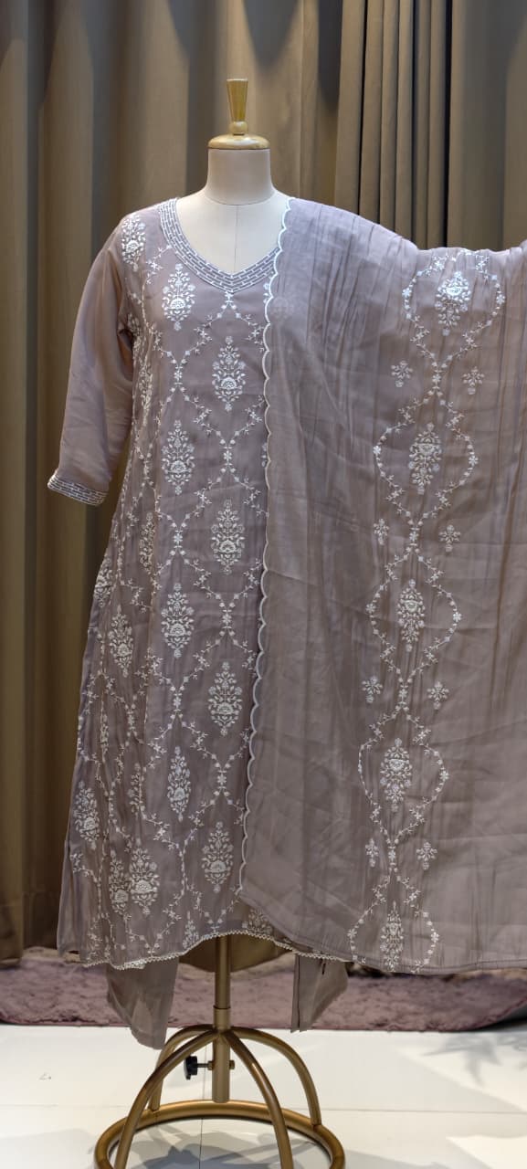 Patterned Thread Embroidery Foil Touch Neckline Surat Mul Chanderi Straight Full Suit Set With Dupatta- 15296