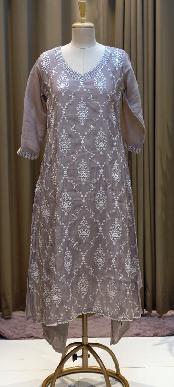 Patterned Thread Embroidery Foil Touch Neckline Surat Mul Chanderi Straight Full Suit Set With Dupatta- 15296