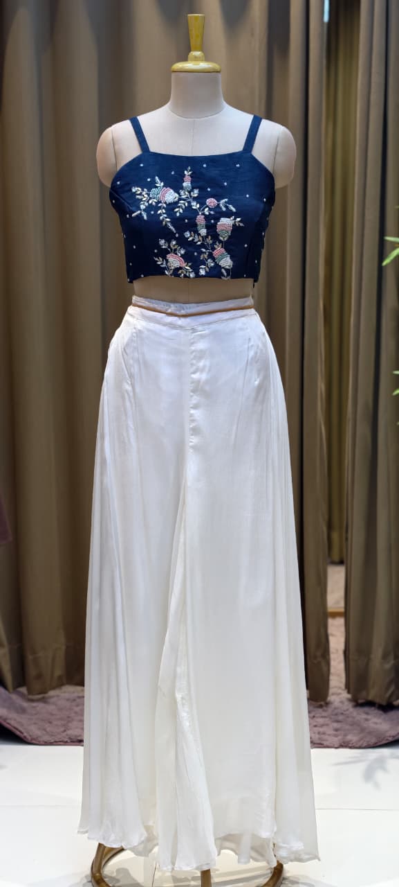 Elegant Tasseled Designer Hand Embroidered Buster With Crop Jacket & Flare Bottom Indo Wear- 12693