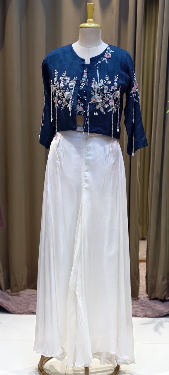Elegant Tasseled Designer Hand Embroidered Buster With Crop Jacket & Flare Bottom Indo Wear- 12693