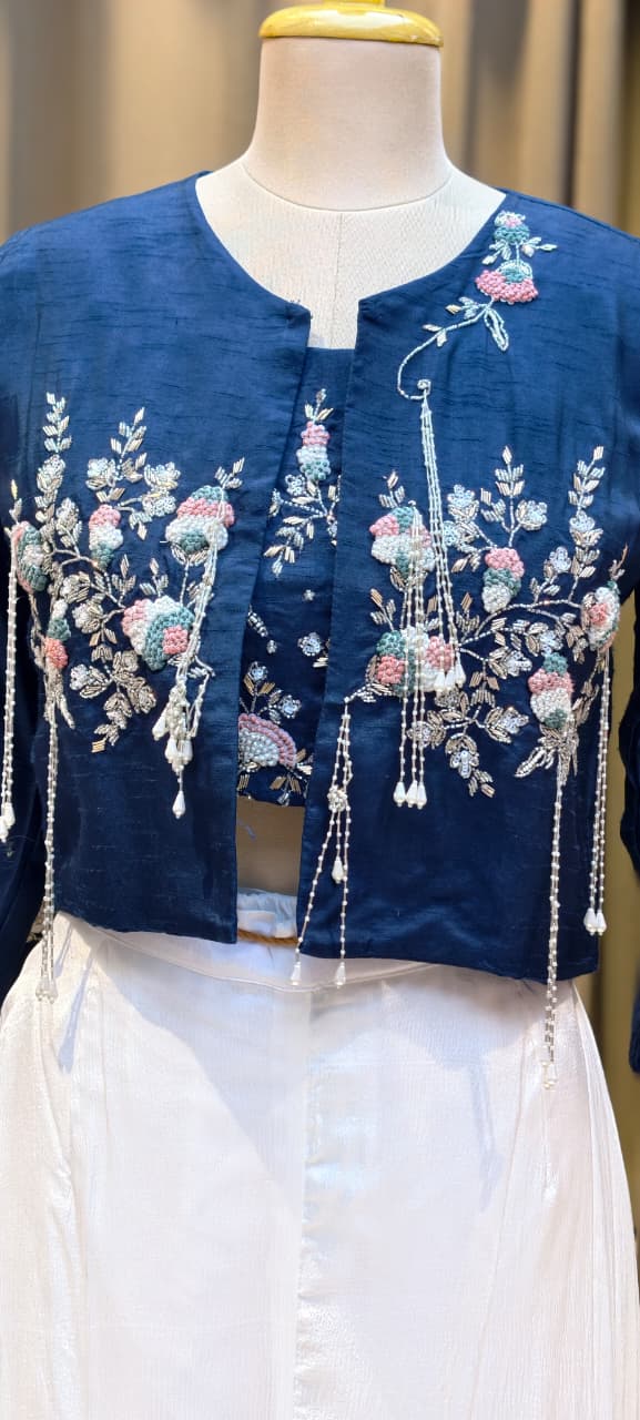 Elegant Tasseled Designer Hand Embroidered Buster With Crop Jacket & Flare Bottom Indo Wear- 12693