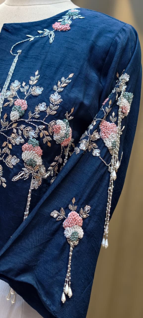 Elegant Tasseled Designer Hand Embroidered Buster With Crop Jacket & Flare Bottom Indo Wear- 12693