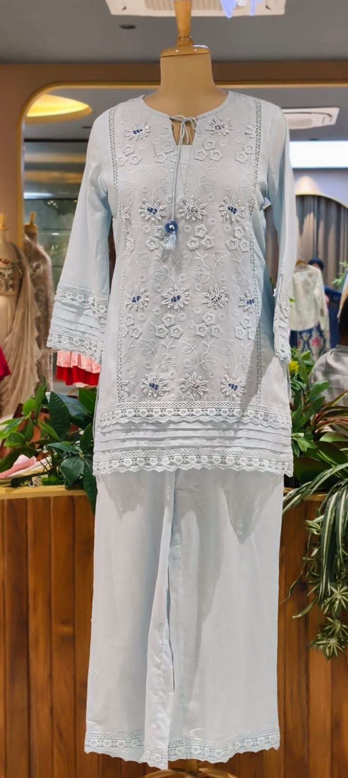 Ivory Blossom Hacoba Thread Embroidery With Lace Detailing Cotton Co-Ord Set- 15304