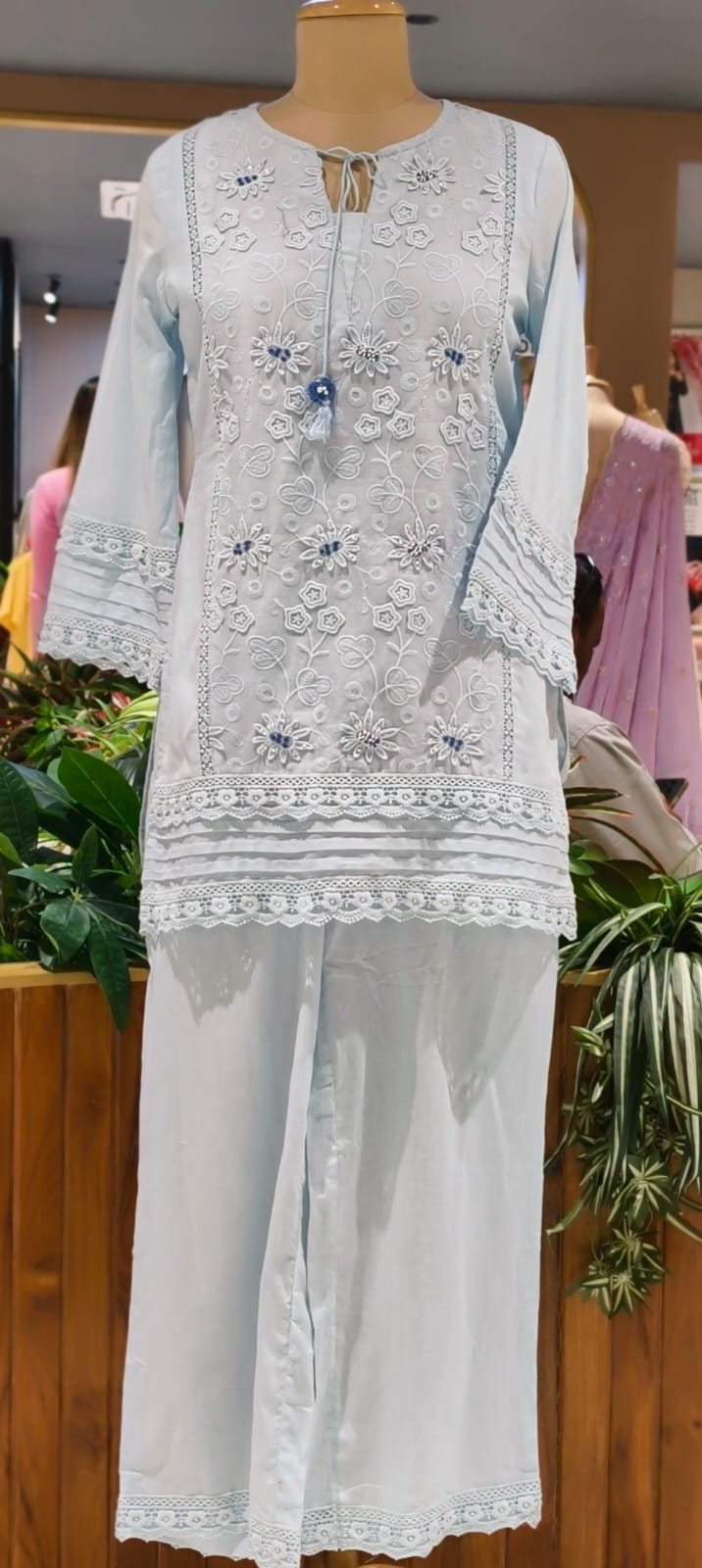 Ivory Blossom Hacoba Thread Embroidery With Lace Detailing Cotton Co-Ord Set- 15304