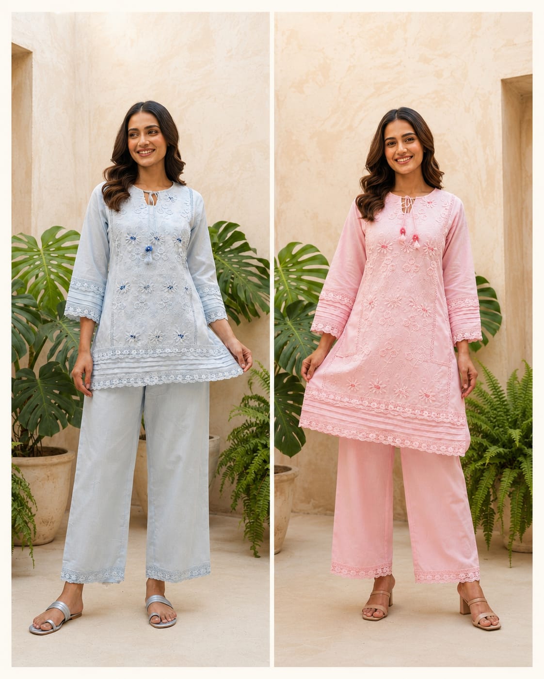 Ivory Blossom Hacoba Thread Embroidery With Lace Detailing Cotton Co-Ord Set- 15304
