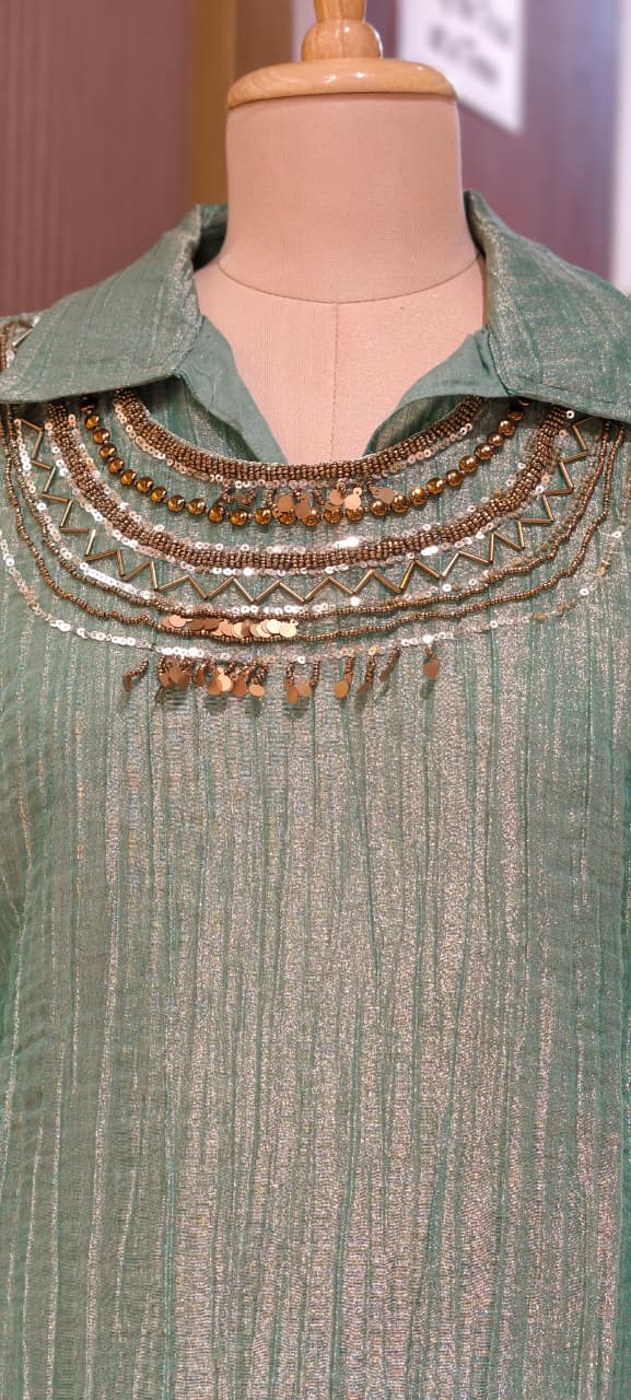 Jewel Stone Neckpiece Look Detechable Outer With Collared Kurta Pant Set In Crush Tissue Fabric- 15353