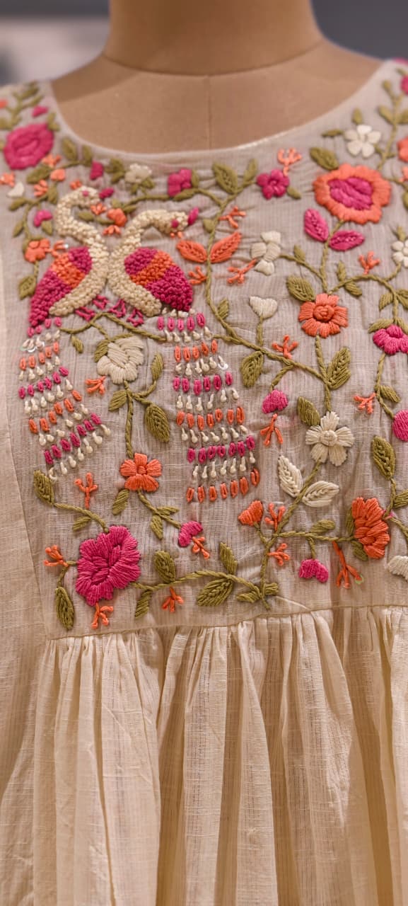 Ivory Floral Embroidered Yoke A-Line Full Suit Set With Dupatta In Kora Cotton Fabric- 14689
