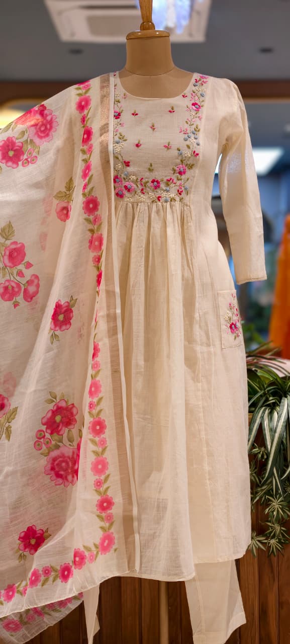 Ivory Floral Embroidered Gathered A-Line Kora Cotton Full Suit Set With Dupatta & Pocket- 14689