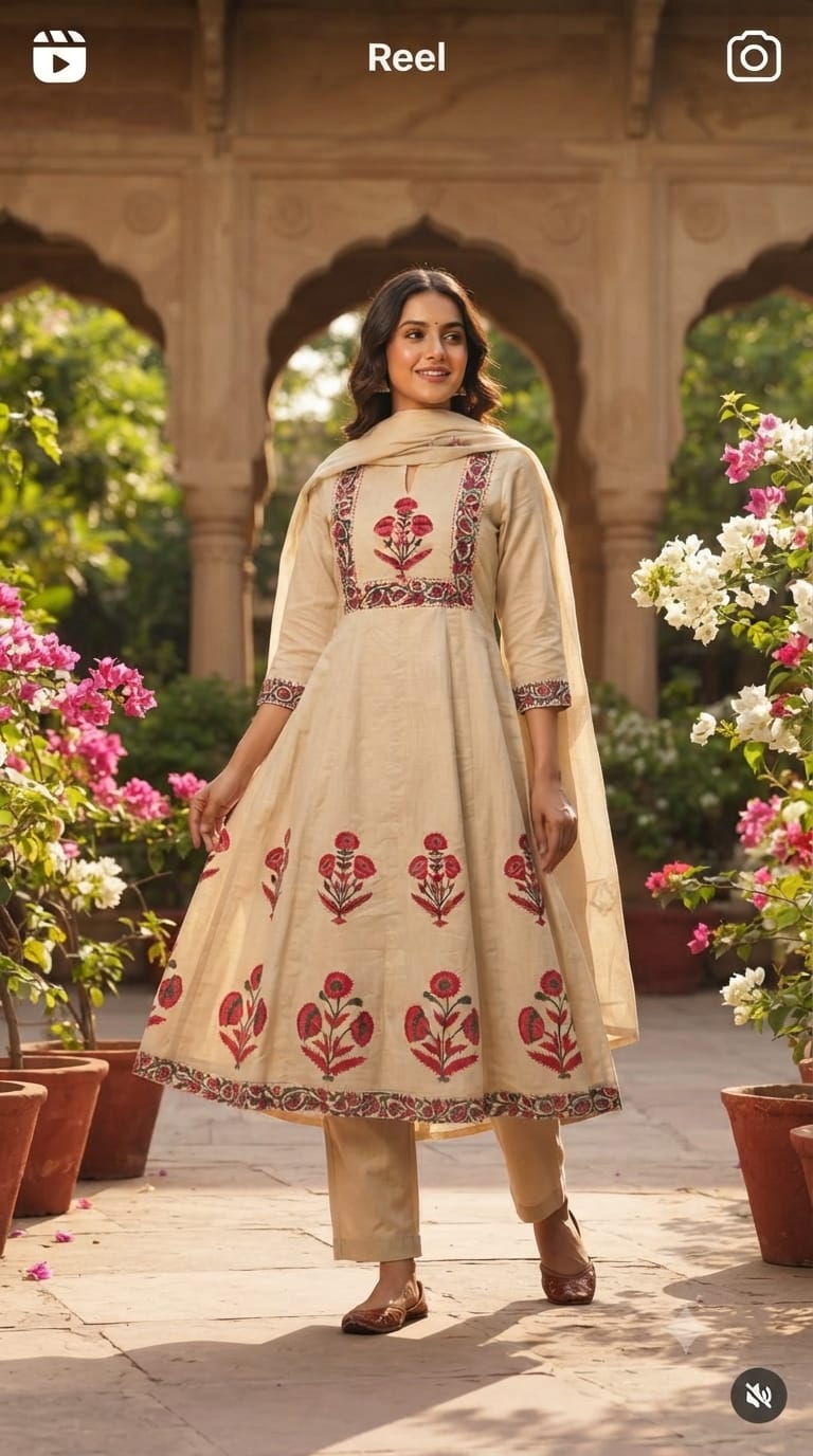 Floral Ensemble Block-Print A-Line Full Suit Set with Dupatta In Cotton Fabric- 15387