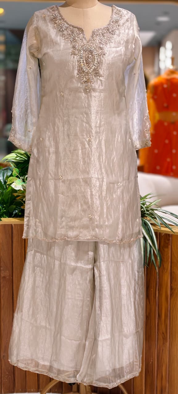 Elegant Hand Embroidery Yoke Crush Tissue Co-Ord Set With Palazzo Bottom- 15393