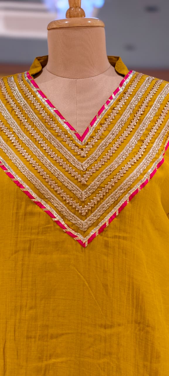 Festive Gota Patti A-Line Mul-Chanderi Full Suit Set with Scalloped Dupatta & Pom Pom Tassel- 15394