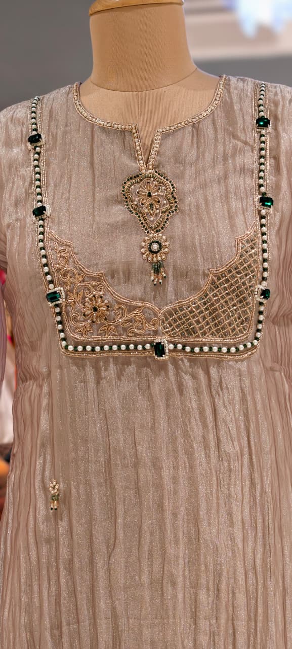 Champagne Shimmer Crushed Tissue Full Suit Set with Emerald Jewel & Pearl Zardozi Yoke- 15390