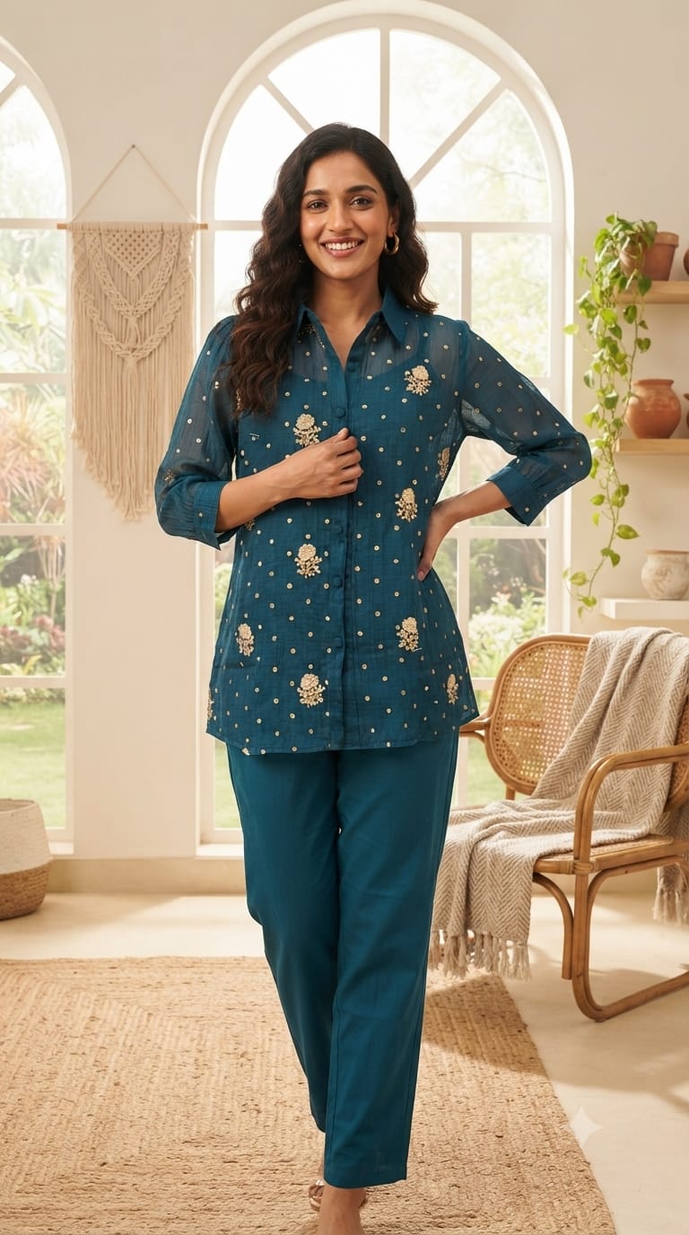 Premium Scattered Floral Embroidered Mul-Chanderi Co-Ord Set With Seperate Inner- 15313