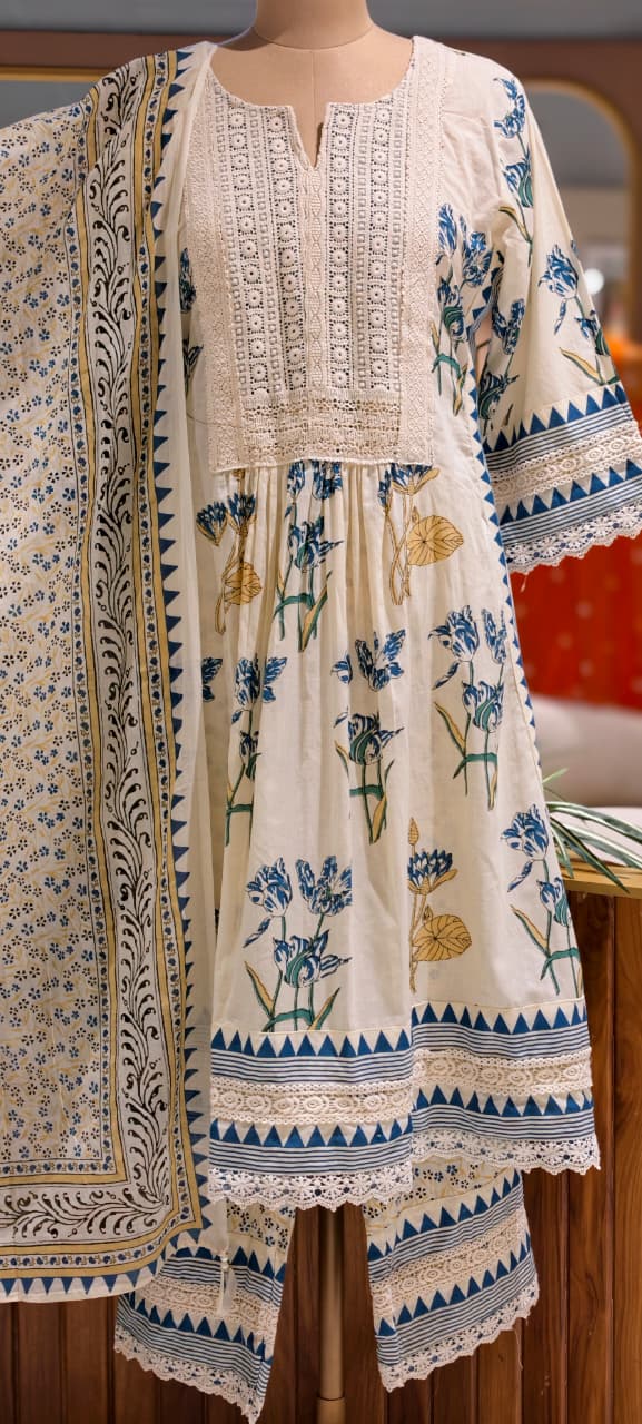 Floral Printed Cotton Set Elegant A-Line Froral Lace Yoke Naira Cut Styal Full Suit Set-15407