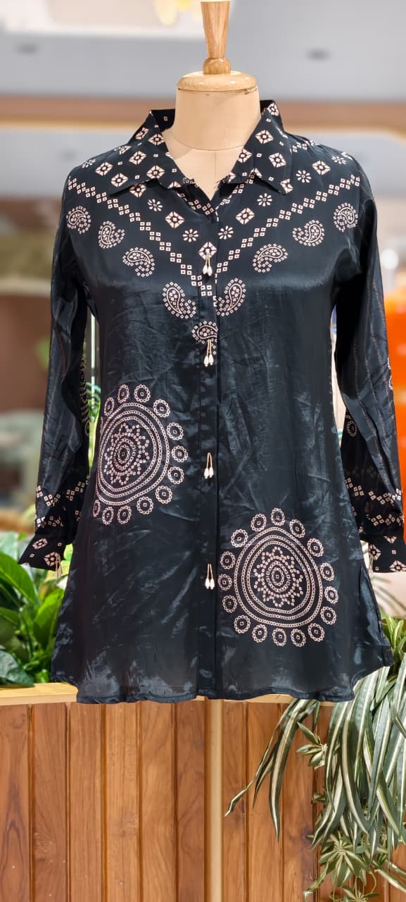 Midnight Glam Bandhej Printed Flowy Casual Crepe Shirt- 15323 (Lean Fit)