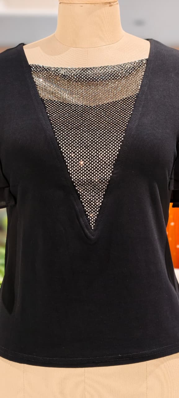 Glamour Studded V-Neck Imported Top With Flutter Sleeve- 15229