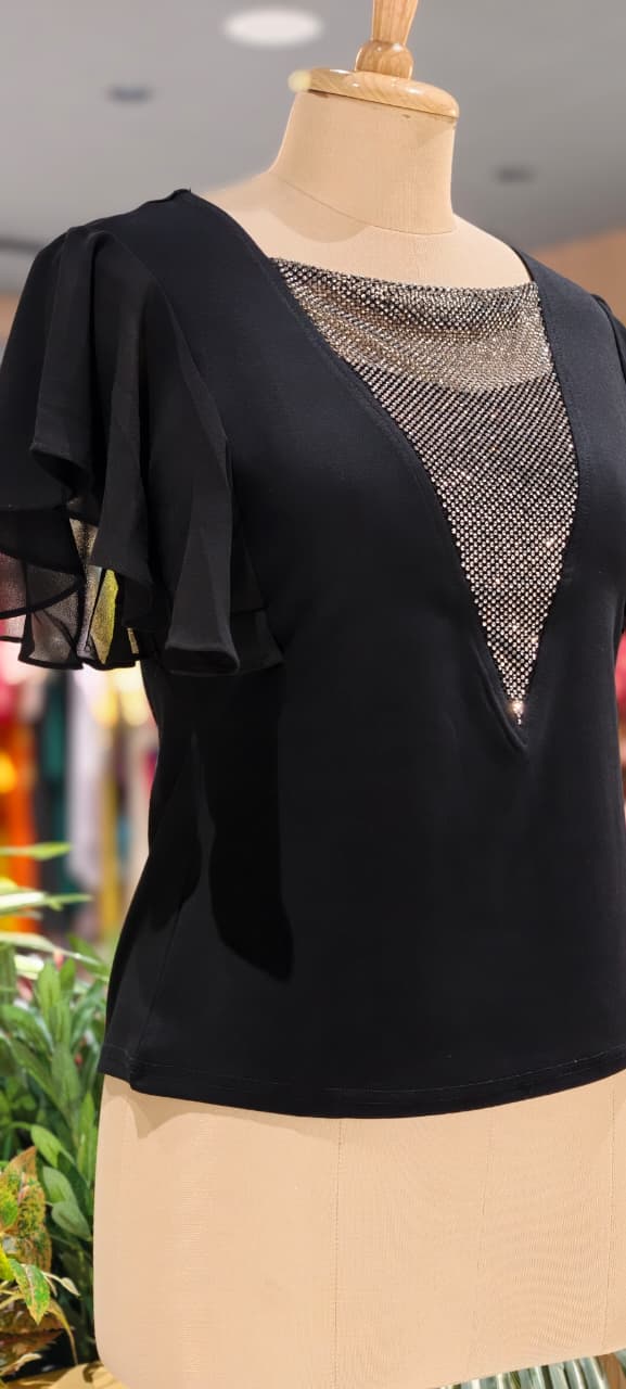 Glamour Studded V-Neck Imported Top With Flutter Sleeve- 15229