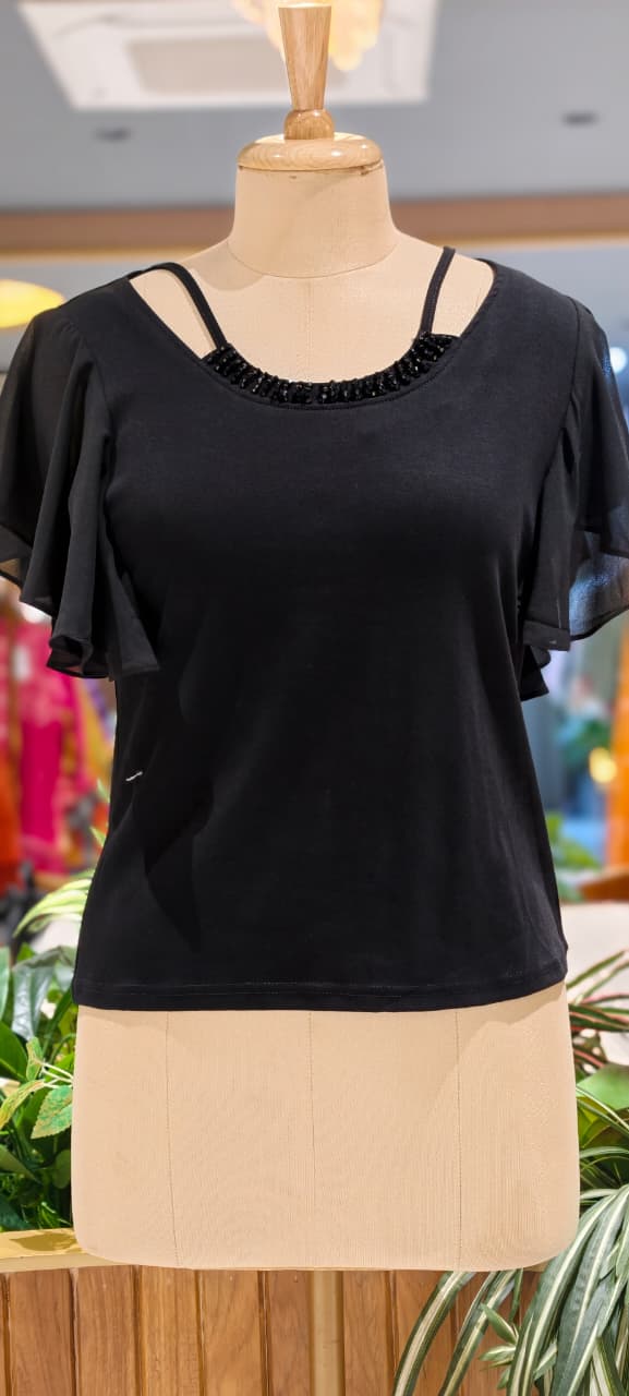 Elegant Flutter Sleeve Embellished Solid Imported Top- 15229