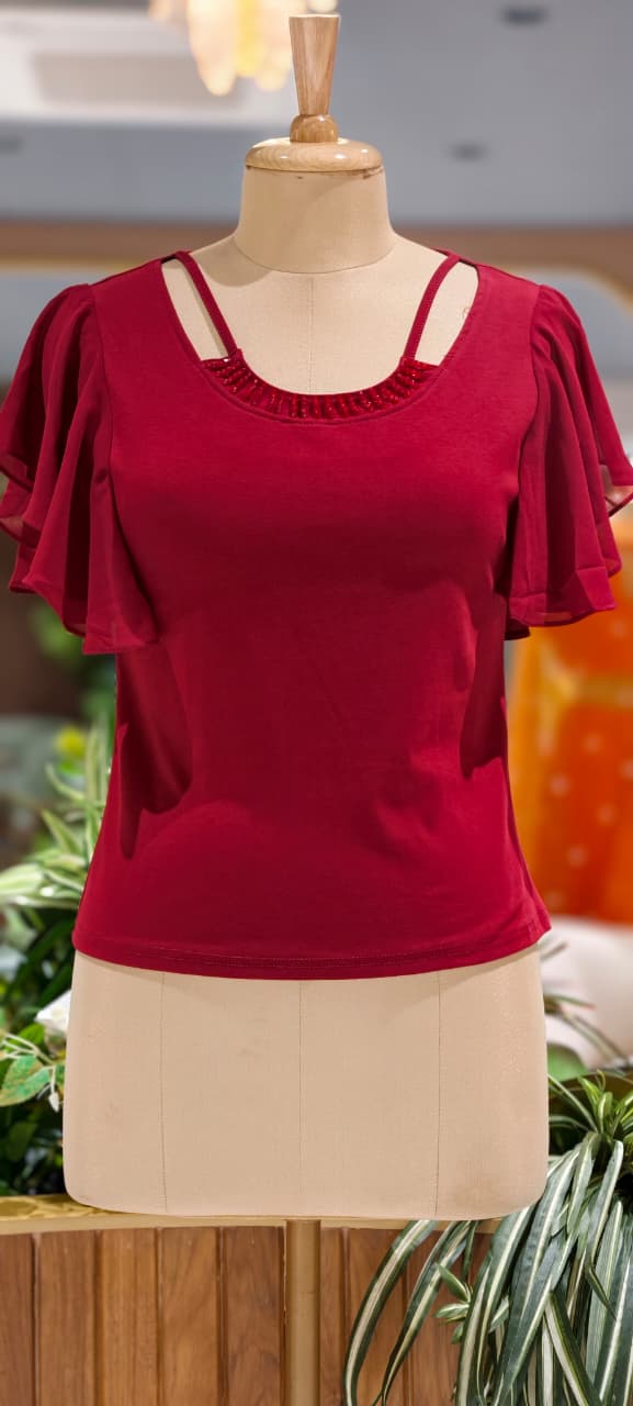Elegant Flutter Sleeve Embellished Solid Imported Top- 15229