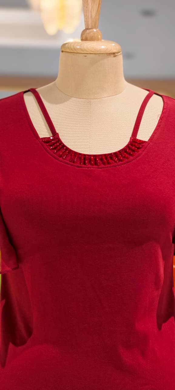 Elegant Flutter Sleeve Embellished Solid Imported Top- 15229