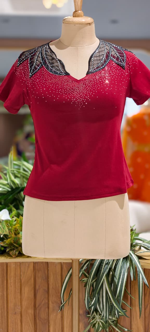 Leavy Netted Shoulder Glitter Scatter Imported Western Top- 15229