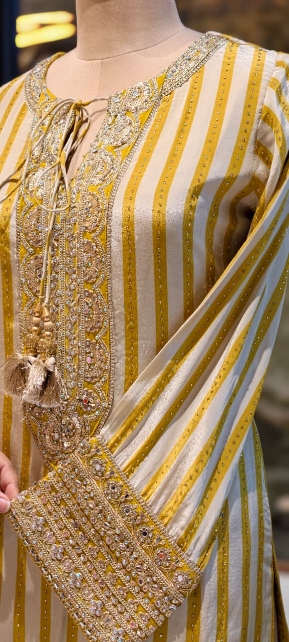 Striped Zardosi Yoke Full Suit Set with Draped Tulip Pants and Embellished Dupatta- 15306