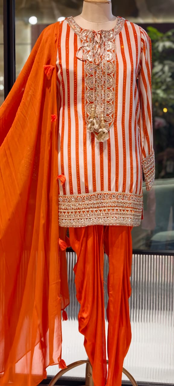 Striped Zardosi Yoke Full Suit Set with Draped Tulip Pants and Embellished Dupatta- 15306