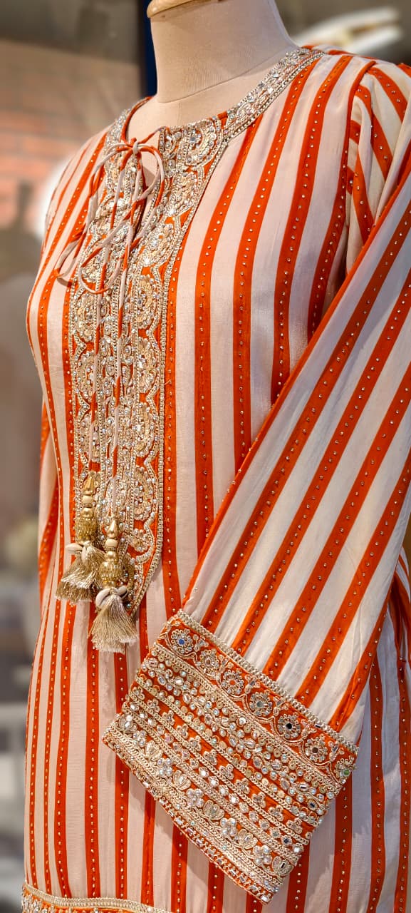 Striped Zardosi Yoke Full Suit Set with Draped Tulip Pants and Embellished Dupatta- 15306