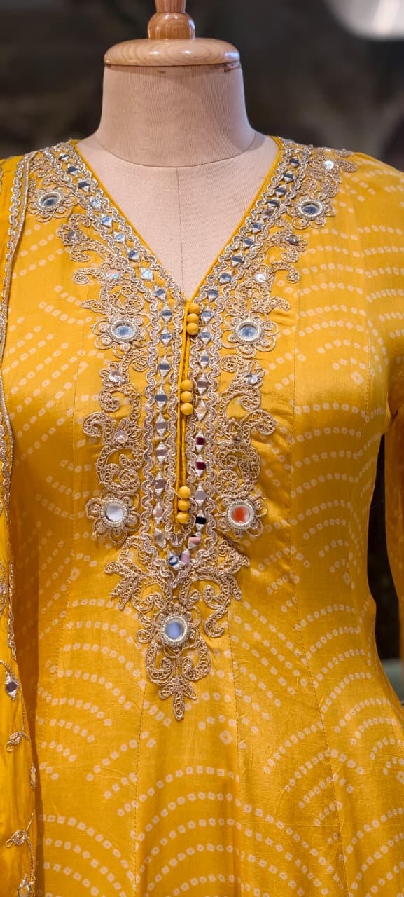 Mustard Yellow Bandhani Print Peplum Style Party Wear Full Suit Set with Mirror Work- 14395