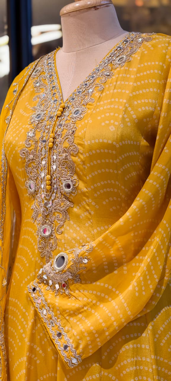 Mustard Yellow Bandhani Print Peplum Style Party Wear Full Suit Set with Mirror Work- 14395